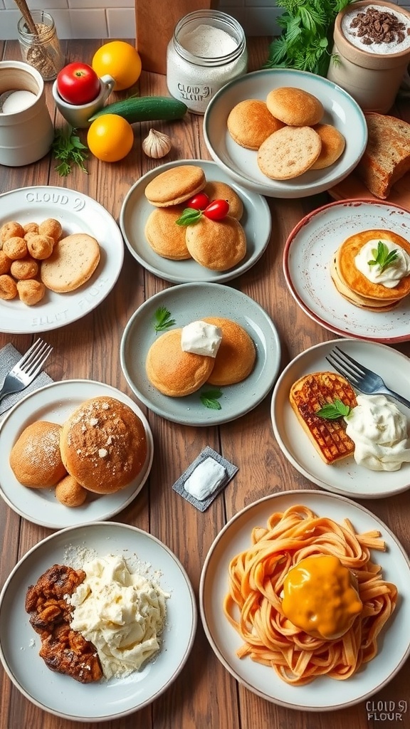 A variety of dishes made with Cloud 9 Flour, including cookies, pancakes, and bread, displayed on a wooden table.